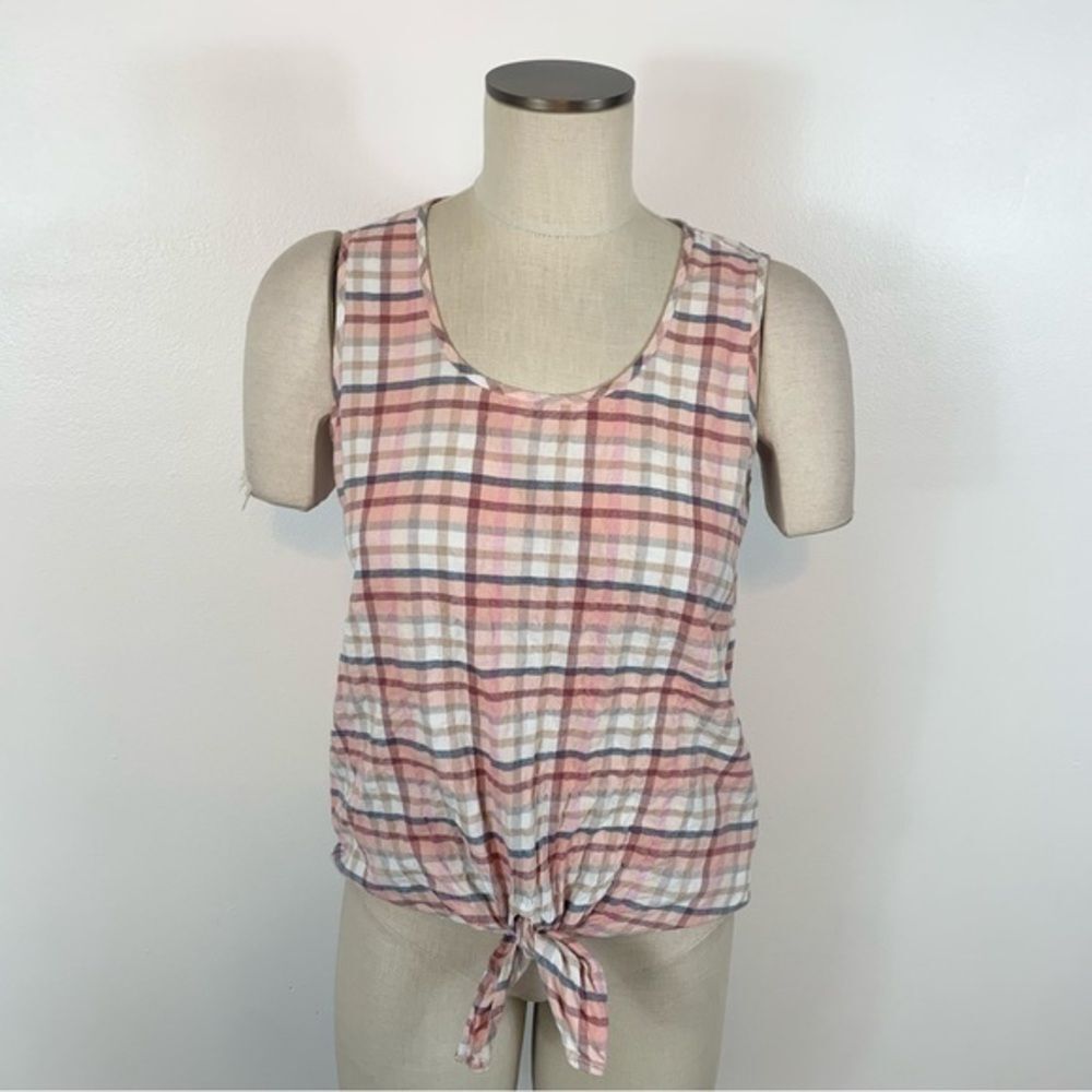 Cupio Pink White Check Plaid Sleeveless Tank Top Blouse Tie Front Size Small